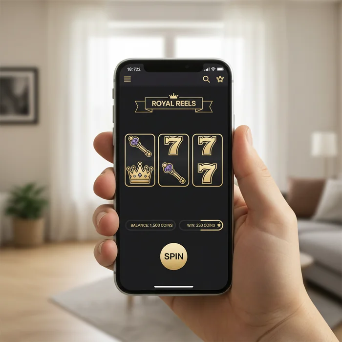 Royal Reels mobile interface — responsive display via mobile browser on smartphone