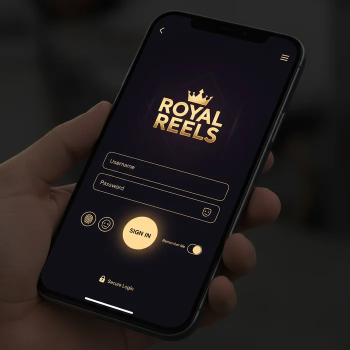 Royal Reels login screen — email field, password field and 2FA option
