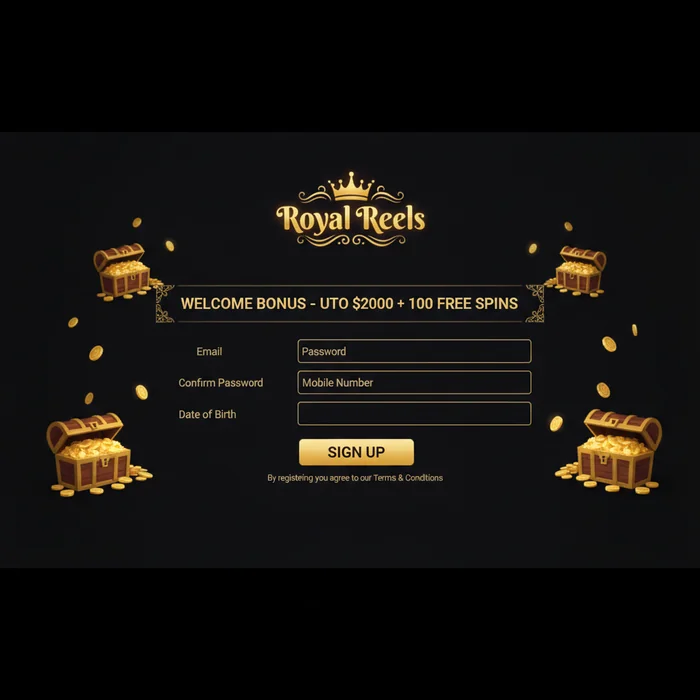 Royal Reels registration form — account creation with email and password fields
